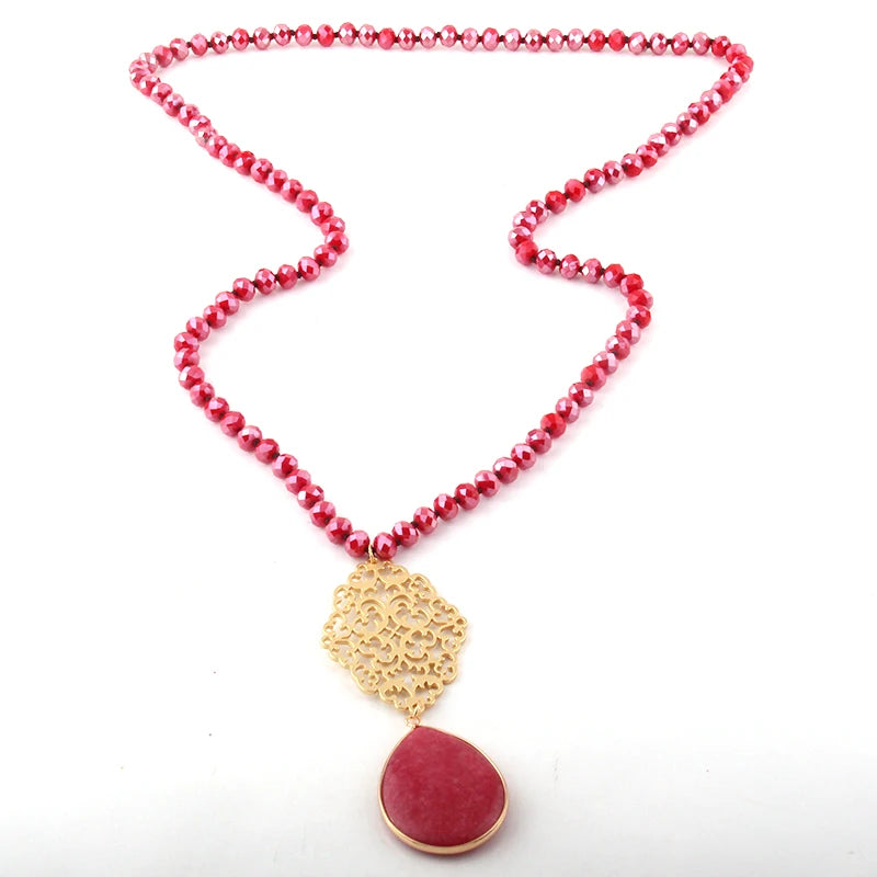 Fashion Bohemian Jewelry Glass Crystal Long Knotted Metall Grid Link Stone Drop Pendant Necklaces For Women Necklace