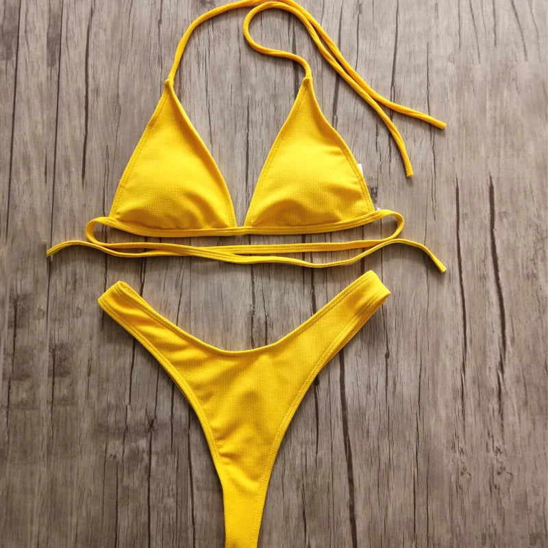 Bandeau Tanga Bikinis Ribbed Bikini 2025 Sexy High Cut Bikini Set Brazilian Swimsuit Thong Swimwear Women Girls Swimming Suit