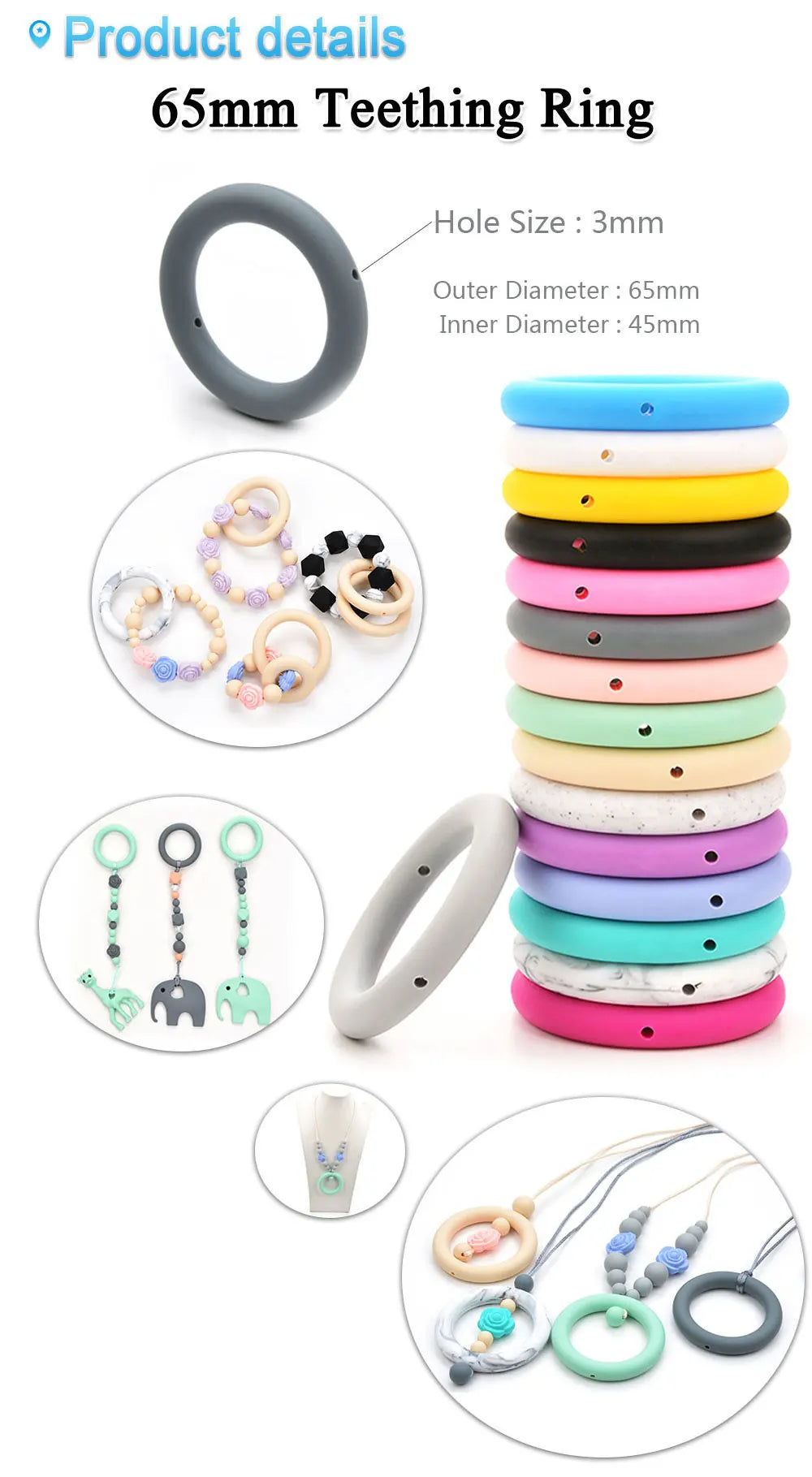 LOFCA 3pcs Silicone Beads Round 65mm Round Ring pendant Food Grade  BPA Free High Quality Silicone Necklace Jewelry Accessories