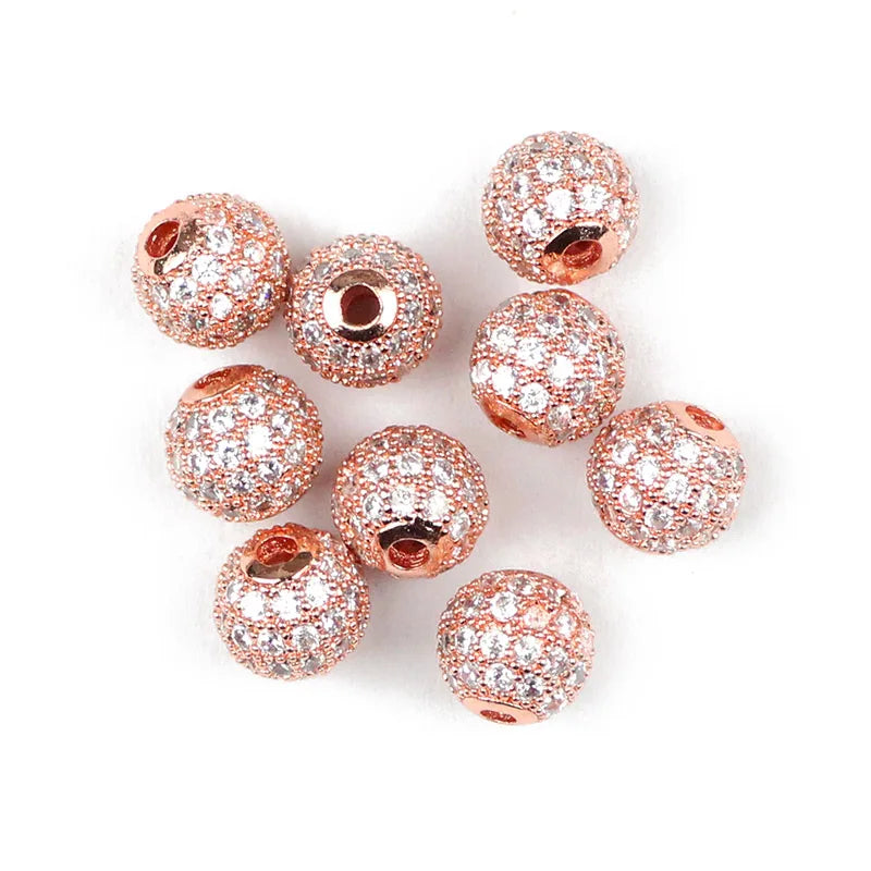 JHNBY 4pcs White Zircon Copper Spacer Beads 6/8/10mm Round Pave CZ Crystal Ball Loose Beads Jewelry Bracelet Making DIY Findings