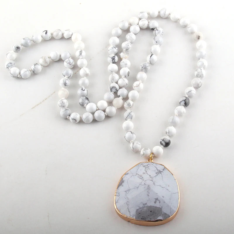 Fashion Natural Stone long Knotted Necklaces Facet Stone Drop Pendant Women Ethnic Necklace