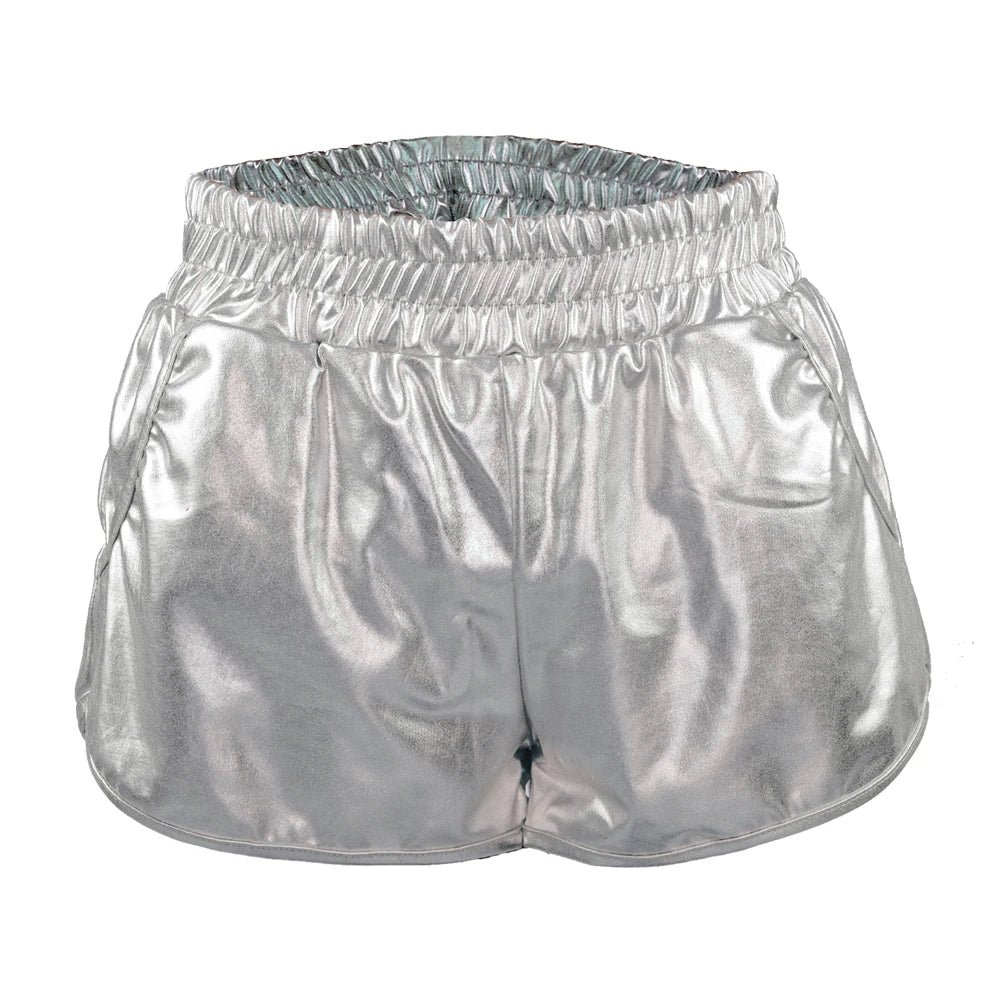 Women Skinny PU Leather Gold Leopard Shorts Summer Shiny Elastic Waist Metallic Booty Club Rave Festival HotPants Bottoms