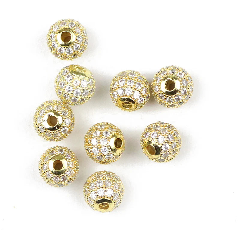 JHNBY 4pcs White Zircon Copper Spacer Beads 6/8/10mm Round Pave CZ Crystal Ball Loose Beads Jewelry Bracelet Making DIY Findings