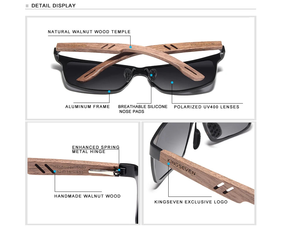 KINGSEVEN Wooden Men Sunglasses Polarized Outdoor Sun Glasses Women Mirror Lens Handmade Fishing Fashion UV400 Eyewear