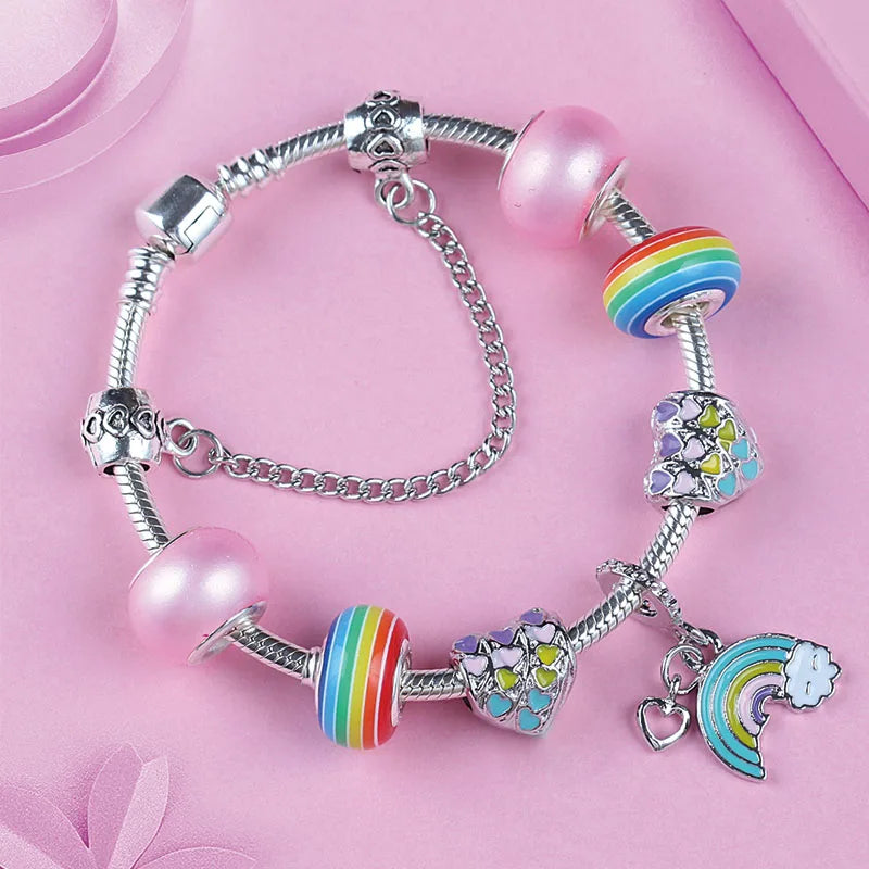 Leabyl Cute Rainbow Heart Moon Pendant Charm Bracelet Colorful Crystal DIY Bead Bracelet for Women Child Fashion Jewelry Gift