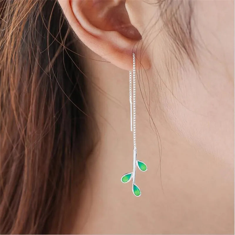 New Arrival Beautiful Colorful Leaf Ear Line 925 Sterling Silver Jewelry Personality National Women Gift Dangle Earrings E214