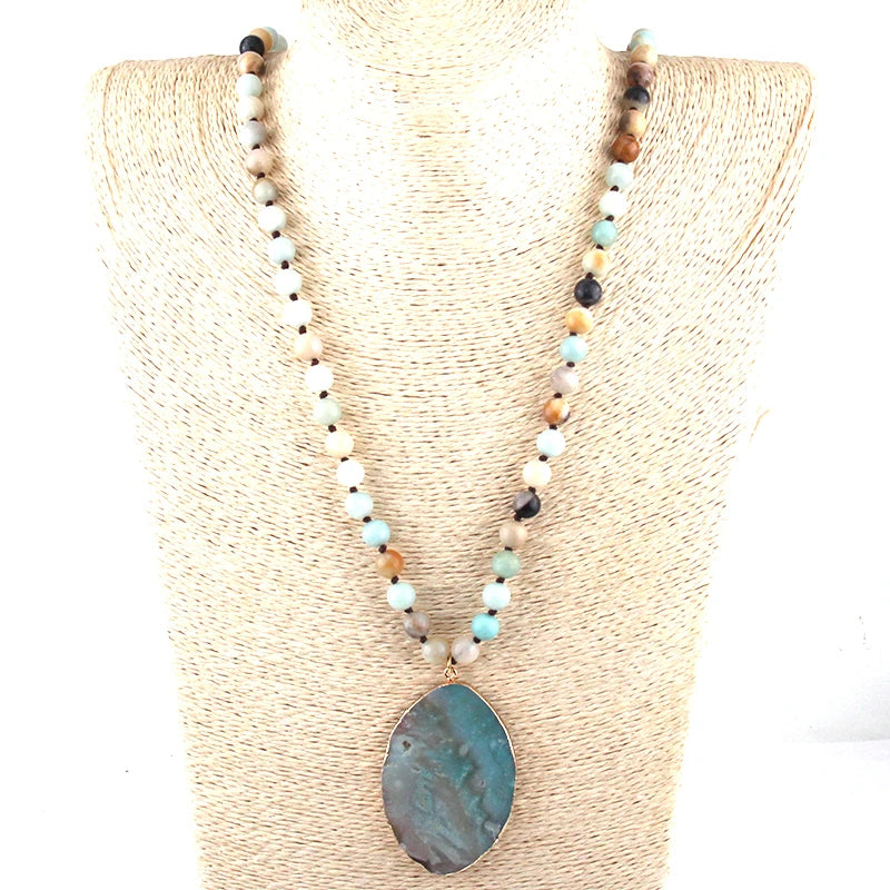 Fashion Bohemian Tribal Jewelry Amazonite Stones Long Knotted Stone Pendant Necklaces Women Ethnic Necklace