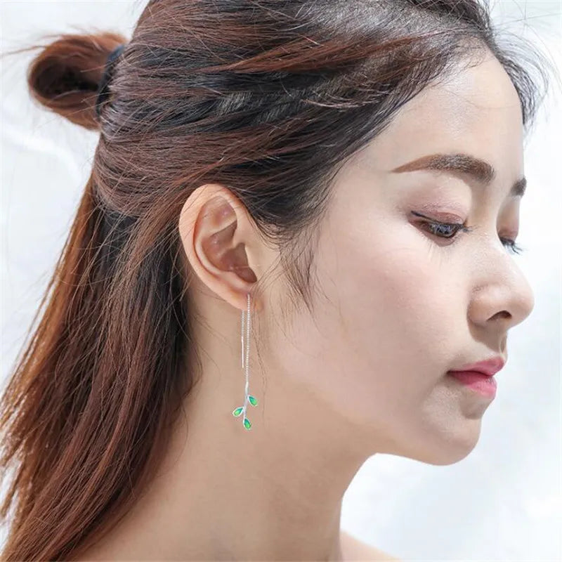 New Arrival Beautiful Colorful Leaf Ear Line 925 Sterling Silver Jewelry Personality National Women Gift Dangle Earrings E214