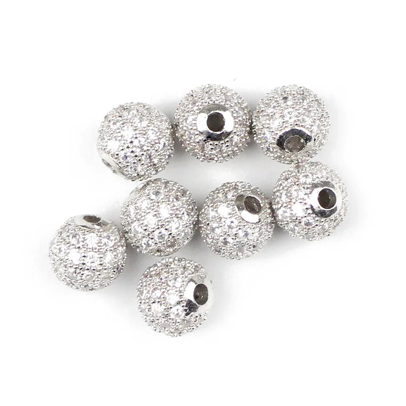 JHNBY 4pcs White Zircon Copper Spacer Beads 6/8/10mm Round Pave CZ Crystal Ball Loose Beads Jewelry Bracelet Making DIY Findings
