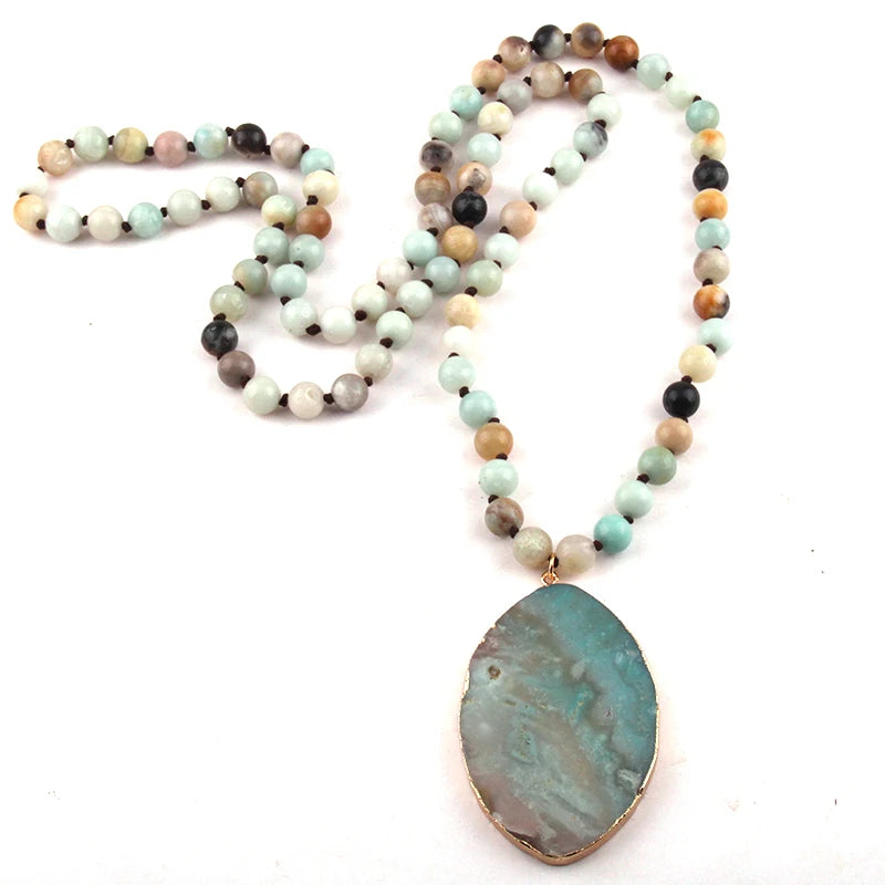 Fashion Bohemian Tribal Jewelry Amazonite Stones Long Knotted Stone Pendant Necklaces Women Ethnic Necklace