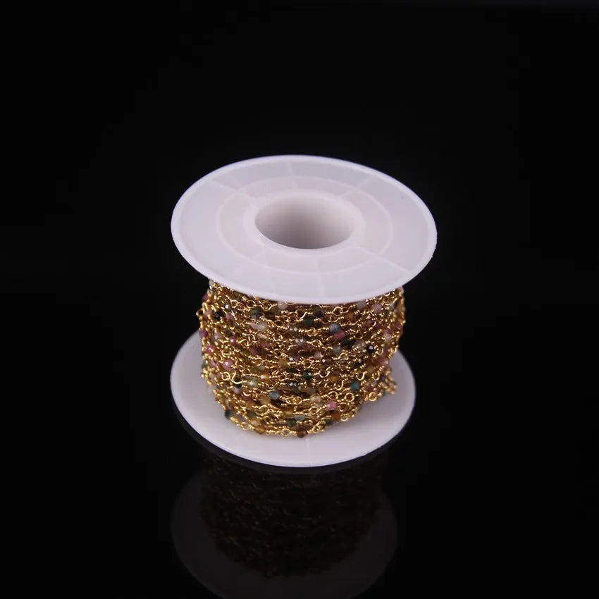 5Meter Natural Colorful Tourmaline 2mm Faceted Round Beads Rosary Chain,Gold Brass Wire Wrapped Necklace Bracelet Sweater Chains