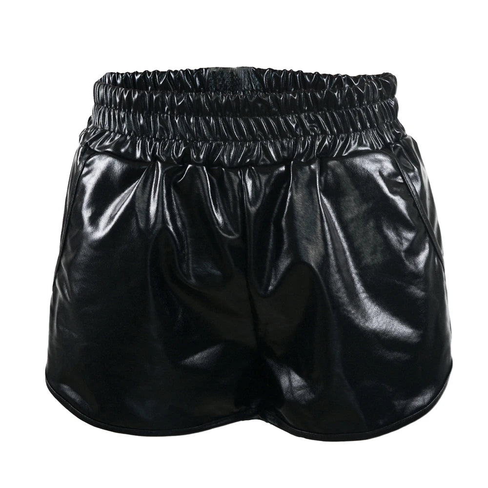 Women Skinny PU Leather Gold Leopard Shorts Summer Shiny Elastic Waist Metallic Booty Club Rave Festival HotPants Bottoms