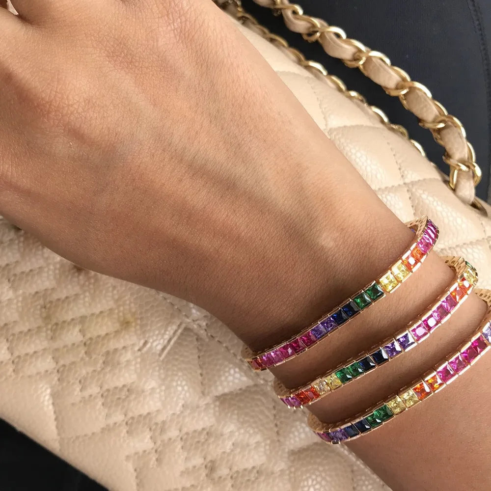 fashion shiny cz fine fashion bracelet rainbow colorful square cz tennis chain gorgeous trendy bracelet for women 17cm