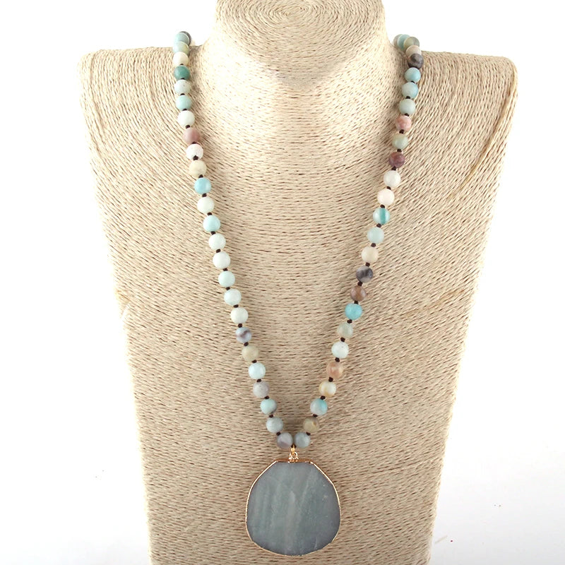 Fashion Natural Stone long Knotted Necklaces Facet Stone Drop Pendant Women Ethnic Necklace