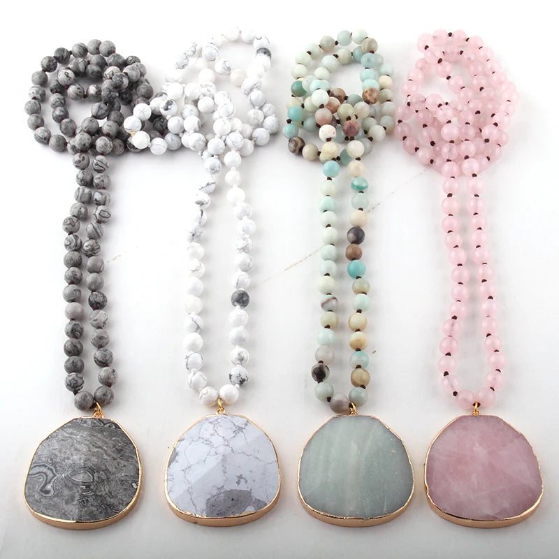 Fashion Natural Stone long Knotted Necklaces Facet Stone Drop Pendant Women Ethnic Necklace