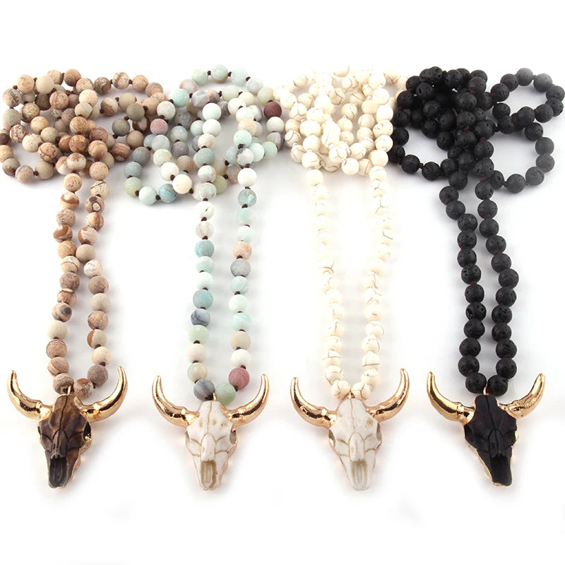 Fashion Bohemian Jewelry Amazonite Stone Knotted Horn Pendant Necklace For Women Beaded Necklace