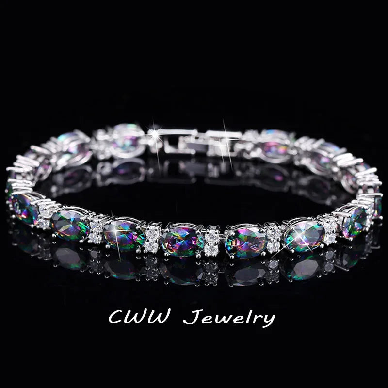 CWWZircons Luxury Design Multicolor Oval Rainbow Mystic Crystal Women Fancy Bracelet with Cubic Zirconia Stones CB149