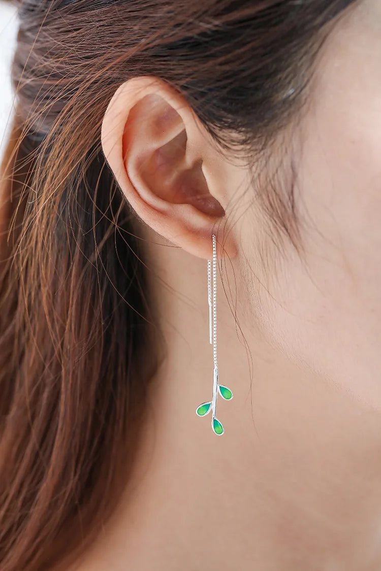 New Arrival Beautiful Colorful Leaf Ear Line 925 Sterling Silver Jewelry Personality National Women Gift Dangle Earrings E214
