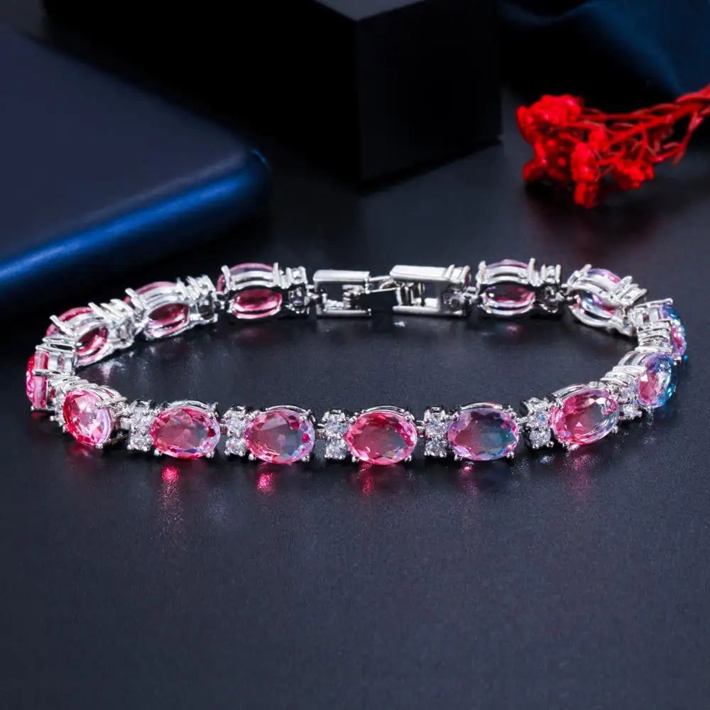 ThreeGraces Brilliant Multi Rainbow Cubic Zirconia Silver Color Wedding Colorful Bracelets for Women Fashion Party Jewelry BR147