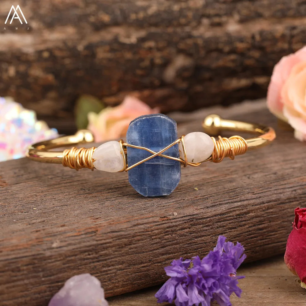 Natural Blue Kyanite Stone Open Bangle For Women High Quality Handmade Birthday Wedding Jewelry Gifts