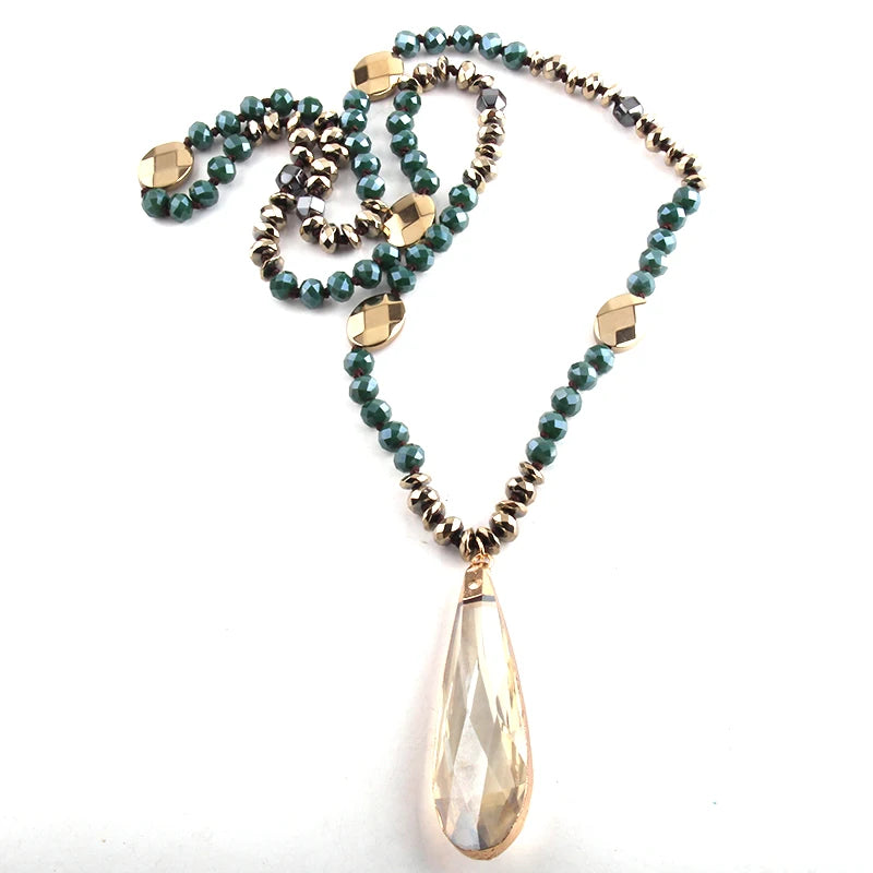 Fashion Bohemian Tribal Jewelry Crystal / Hematite Long Knotted Long Glass Drop Pendant Necklaces