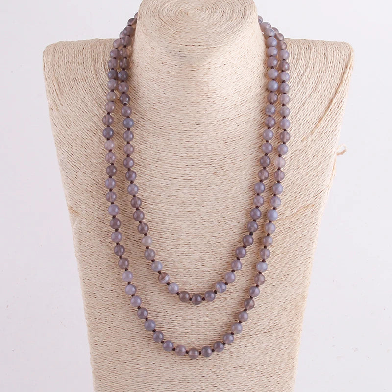 New Bohemian Jewelry long Knotted Halsband 8mm 125-128cm Double wrap Natural Stone Necklace