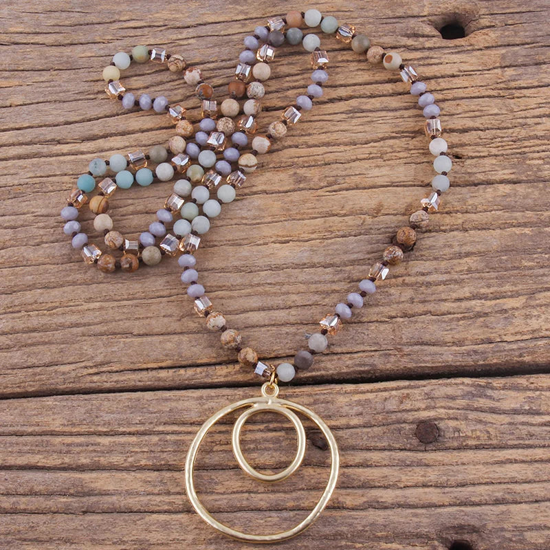 Fashion Bohemian Jewelry Accessory 6mm Stones/Crystal Knotted With Metal Round Pendant Necklaces Women Boho Gift