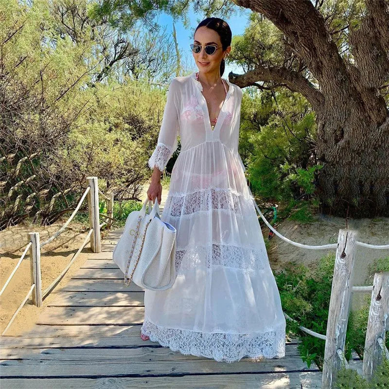 2024 Crochet White Knitted Beach Cover Up Dress Tunic Long Pareos Bikinis Cover Ups Swim Cover Up Robe Plage Beachwear