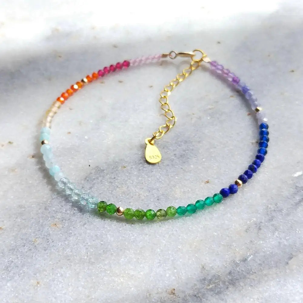 LiiJi Real Stone Small Rainbow Healing Stone 925 Sterling Silver Gold Color Adjustable Bracelet For Women Girls Jewelry