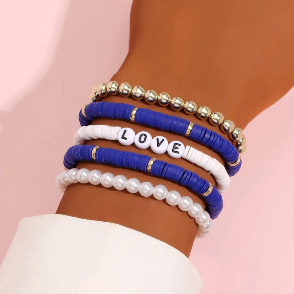Fashion Rainbow Stackable Bracelets Set For Women Heart Charm Soft Clay Pottery Layering Beads Chain Bangle Female Boho Jewelry