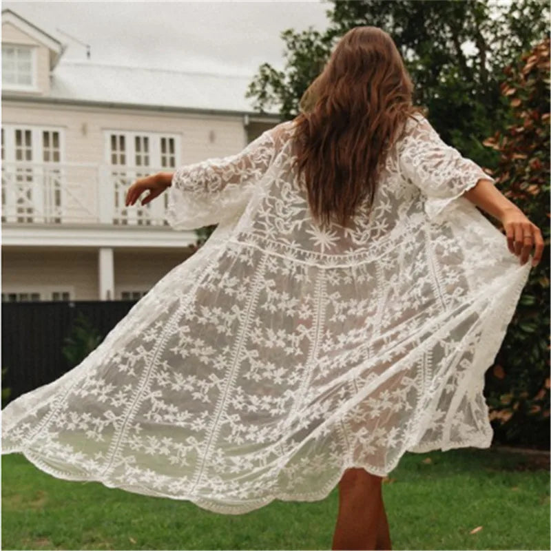 2024 Crochet White Knitted Beach Cover Up Dress Tunic Long Pareos Bikinis Cover Ups Swim Cover Up Robe Plage Beachwear