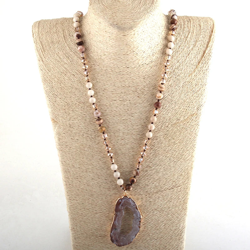Fashion Bohemian Tribal Jewelry Crystal / Stone Long Knotted Irregular Druzy Stone Pendant Necklaces For Women