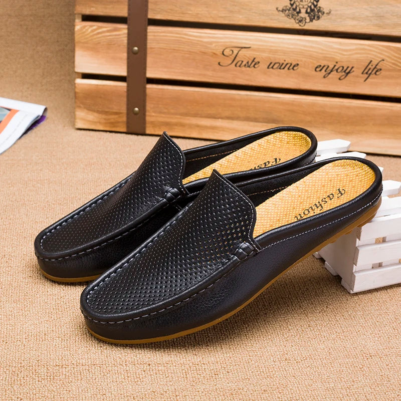 Summer Men's Shoes Casual Brand Mens Breathable Loafers Genuine Leather Half Slipper For Men Slip on Lazy Driving Shoe Moccasins