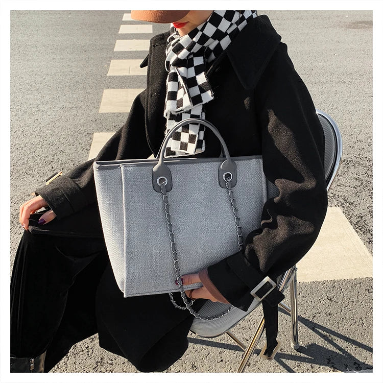 Women Tote Bag Fashion Canvas Large Capacity Handbag Casual Chains Shoulder Bags Ladies Big Messenger Bag Shopping Bag