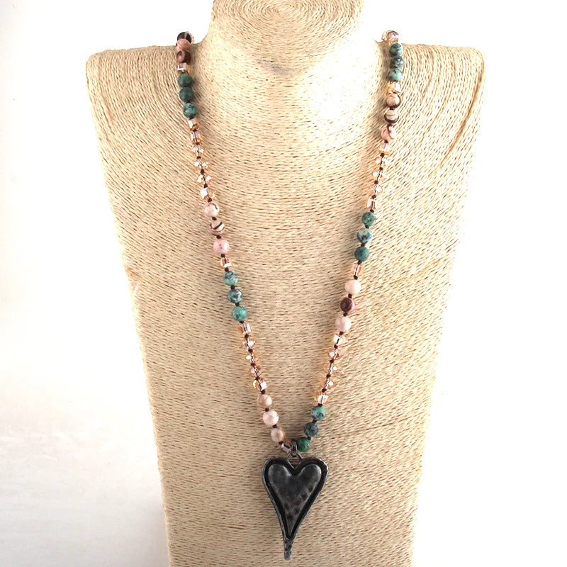Fashion Bohemian Tribal Jewelry Multi Stone Beige Glass Long Knotted Black Metal Heart Pendant Necklaces