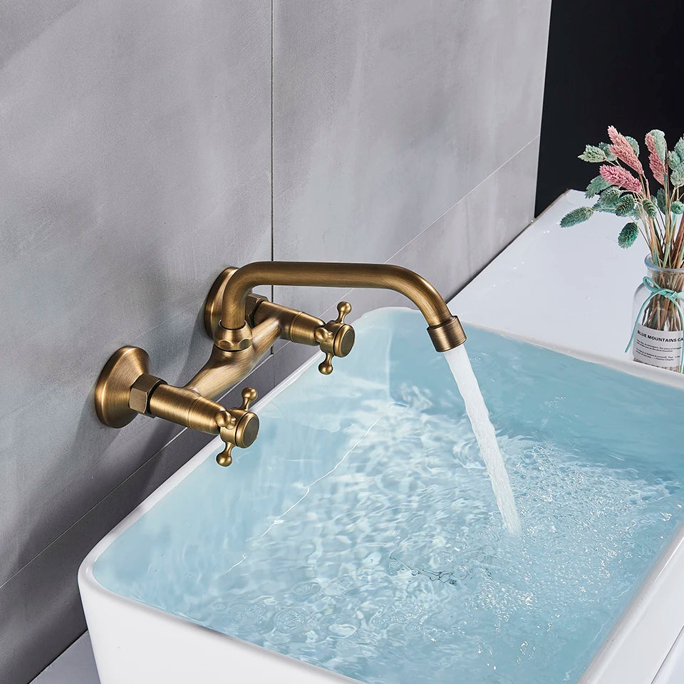 Antique Brass Kitchen Faucet Hot And Cold Water Mixer Faucets Wall Mounted Tap Vessel Sink Mixer Tap Swivel Spout Basin Mixer