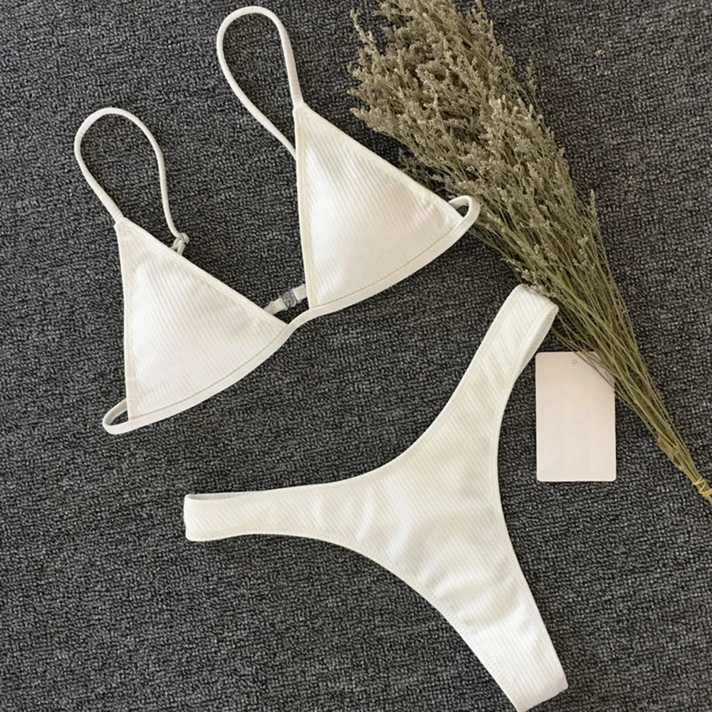Bandeau Tanga Bikinis Ribbed Bikini 2025 Sexy High Cut Bikini Set Brazilian Swimsuit Thong Swimwear Women Girls Swimming Suit