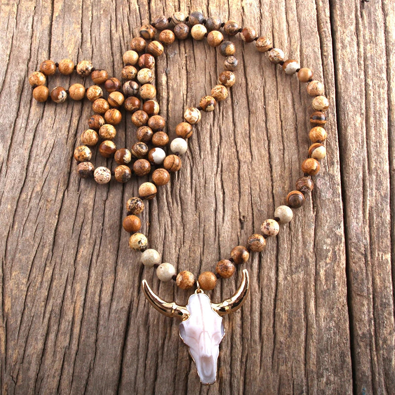 Fashion Bohemian Jewelry Sem Stone Knotted Horn Pendant Necklace For Women Boho Ethnic Necklace Gift