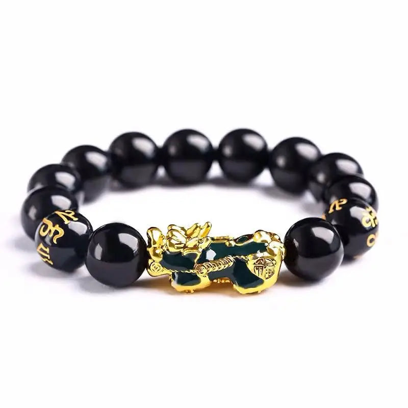 Feng Shui Obsidian Stone Beads Bracelet Wristband Gold Color Black Pixiu Wealth Good Luck Women Bracelet  Men Women Unisex