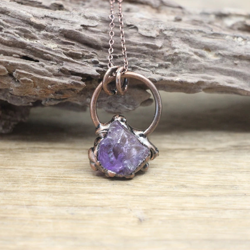 Raw Black Tourmaline Citrines Antique Copper Hoop Pendants Necklace,Healing Energy Ore Amethysts Meditation Retro Jewelry,QC3043