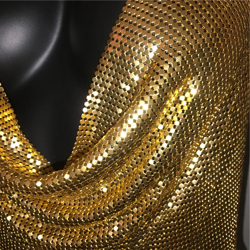 AKYZO Women 2023 Sexy Metal Sequined Tank Camis Summer Gold Silver Backless Cropped Glitter Beach Club Show Wear Tank Tops