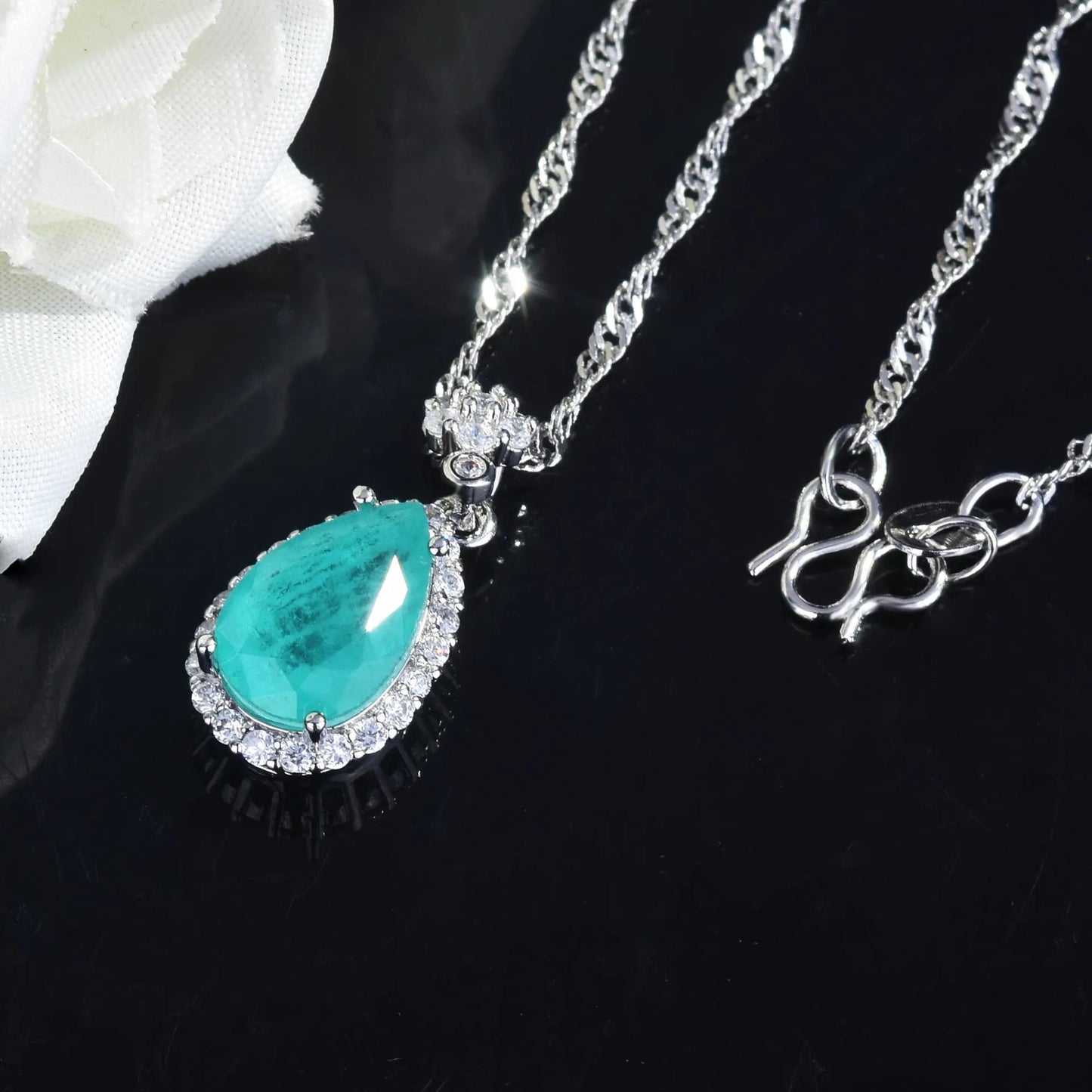 Silver Color Blue Tourmaline Necklace+Earrings+Ring Sets For Women White Gold Plated Water Drop Wedding Party Jewelry Set