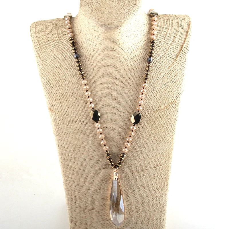 Fashion Bohemian Tribal Jewelry Crystal / Hematite Long Knotted Long Glass Drop Pendant Necklaces