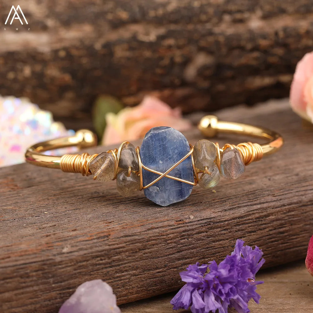 Natural Blue Kyanite Stone Open Bangle For Women High Quality Handmade Birthday Wedding Jewelry Gifts