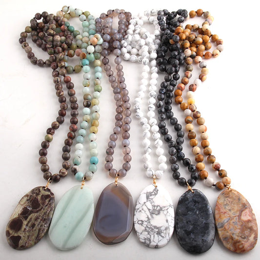 Fashion  Jewelry Natural Beads Long Knotted Semi Precious Pendant Necklaces For Women Bead necklace