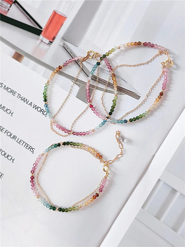 Natural Colorful Mix Tourmaline Bead Bracelet Handmade Women 14K Gold Filled Chain Double Layer Bracelet Semi Precious Jewelry