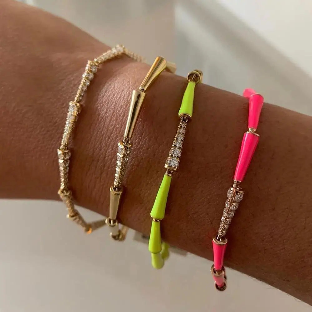 Rainbow Neon Enamel Beaded Link Chain Colorful Gold Color Women Girl New Bracelet