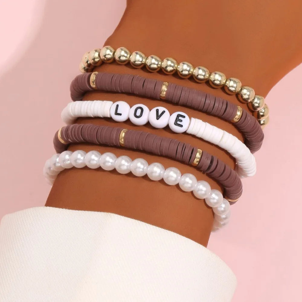 Fashion Rainbow Stackable Bracelets Set For Women Heart Charm Soft Clay Pottery Layering Beads Chain Bangle Female Boho Jewelry