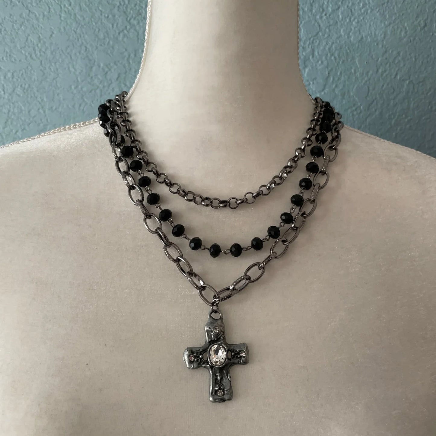 Fashion Bohemian Tribal Jewelry 3 Layer Multiple Black Glass Crystal Rosary Link & Chain Cross Pendant Necklaces