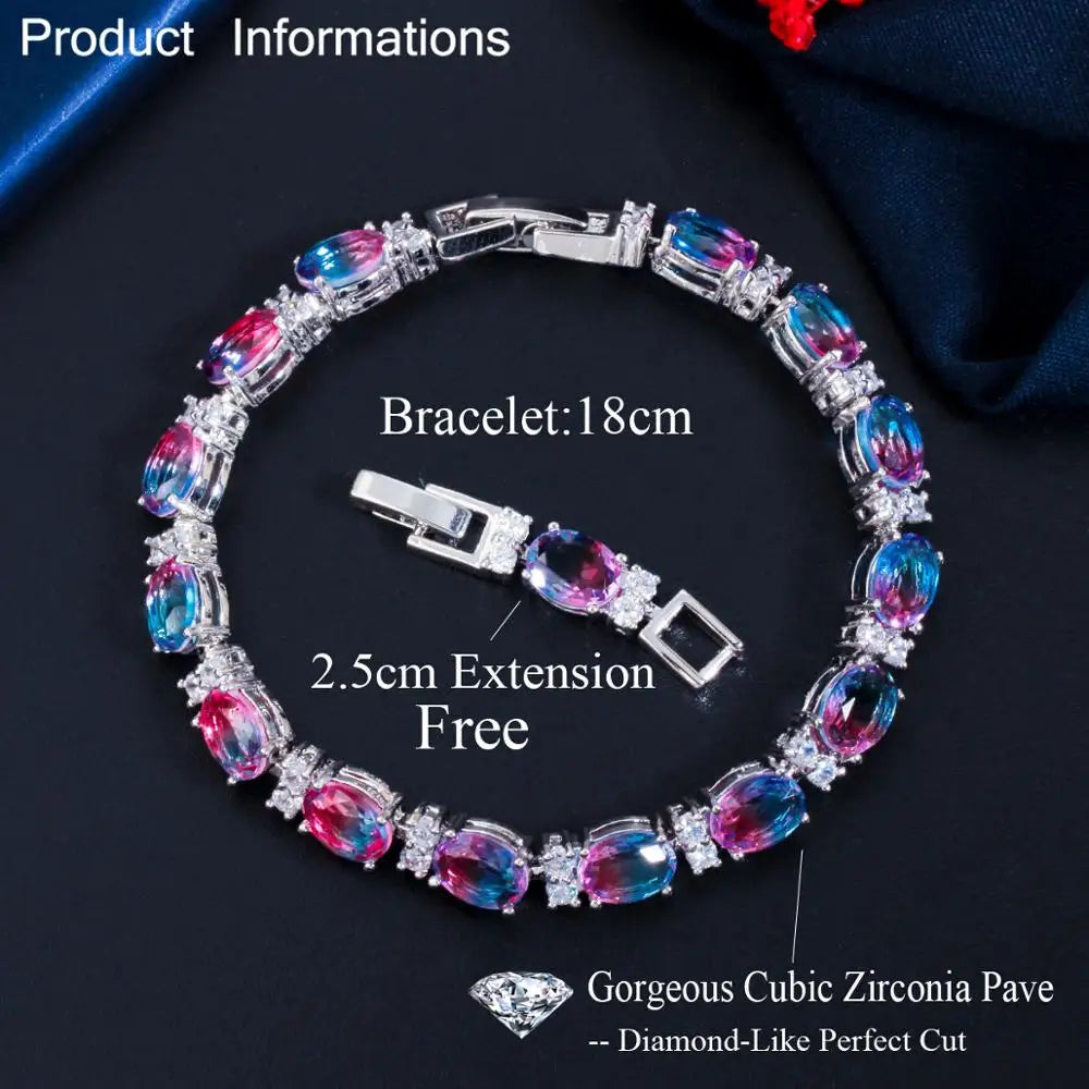 ThreeGraces Brilliant Multi Rainbow Cubic Zirconia Silver Color Wedding Colorful Bracelets for Women Fashion Party Jewelry BR147